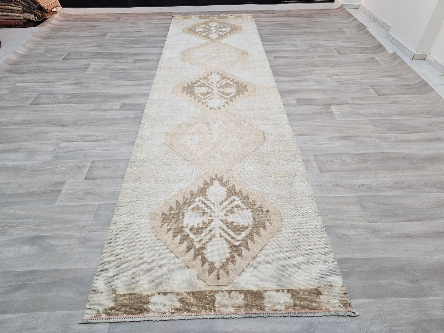 4x14 Wide Vintage Neutral Turkish Runner Rug - Hand Knotted Wool Oushak Runner for Hallway and Kitchen //3.75x13.60 feet