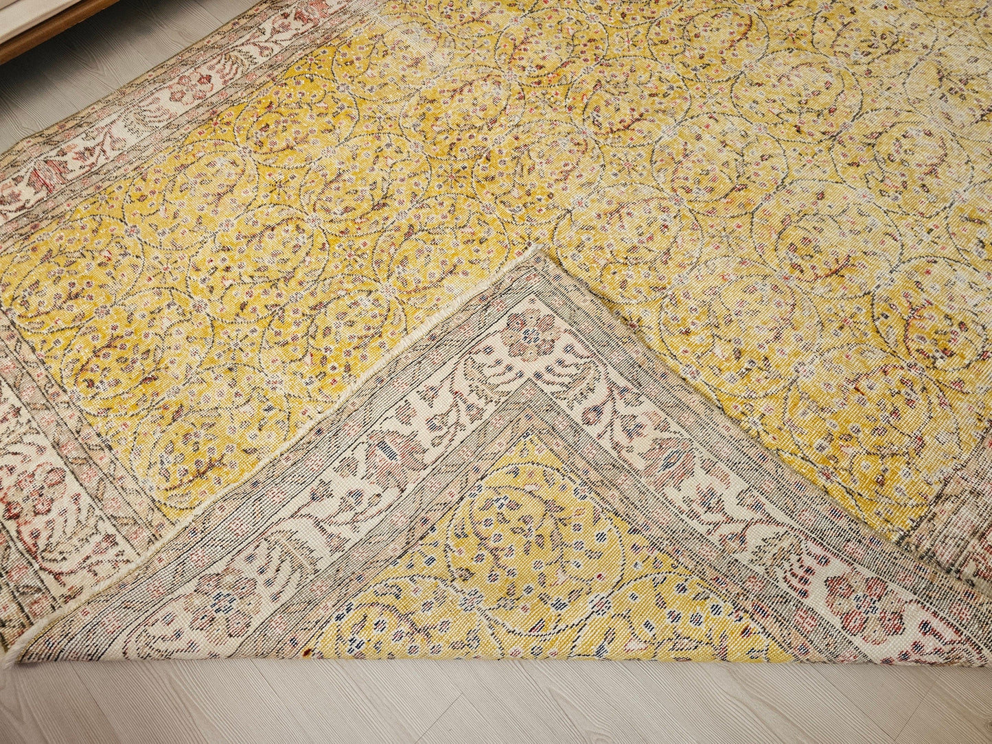 7x10 feet Vintage Hand Knotted Oushak Area Rug Yellow and Pink and Cream Border