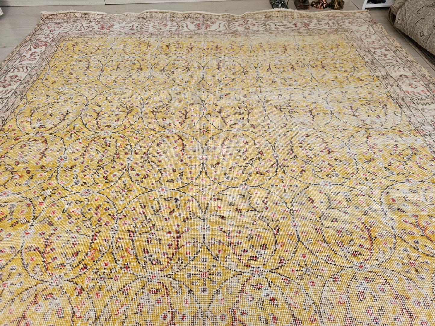 7x10 feet Vintage Hand Knotted Oushak Area Rug Yellow and Pink and Cream Border