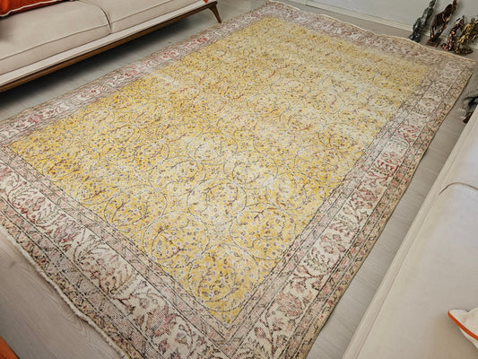 7x10 feet Vintage Hand Knotted Oushak Area Rug Yellow and Pink and Cream Border