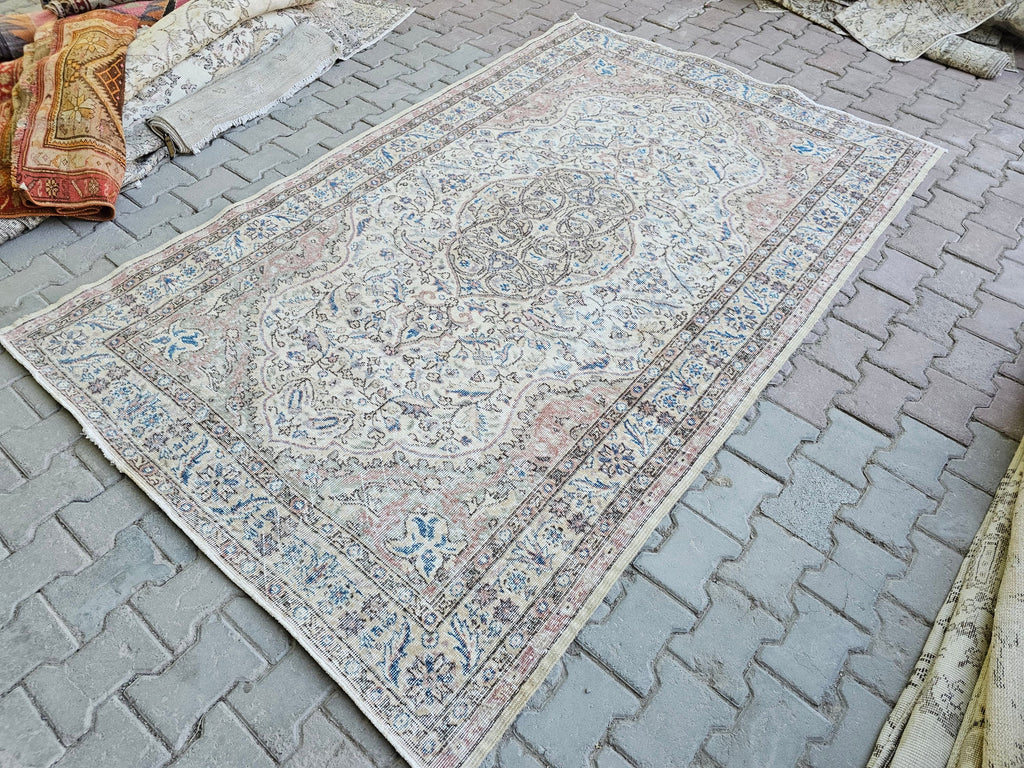 5x8 Turkish Oushak Rug: Faded Vintage Wool Area Rug
