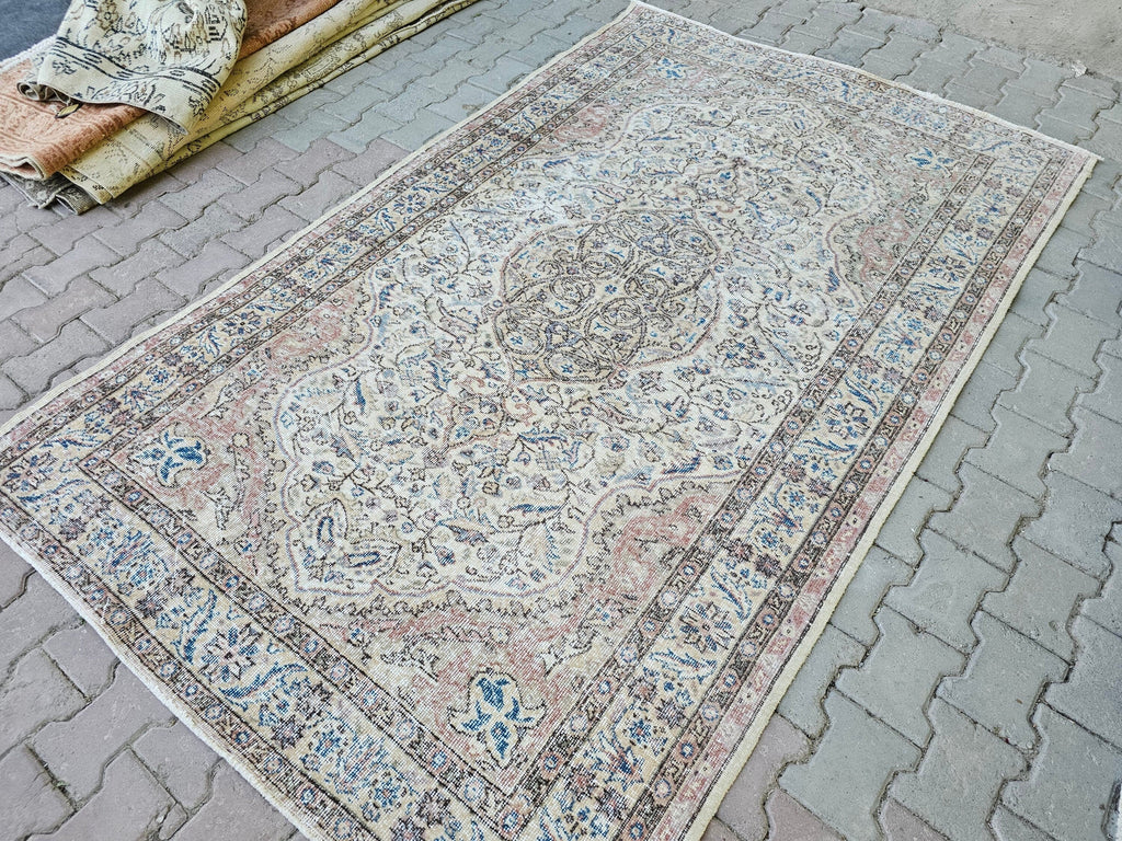5x8 Turkish Oushak Rug: Faded Vintage Wool Area Rug