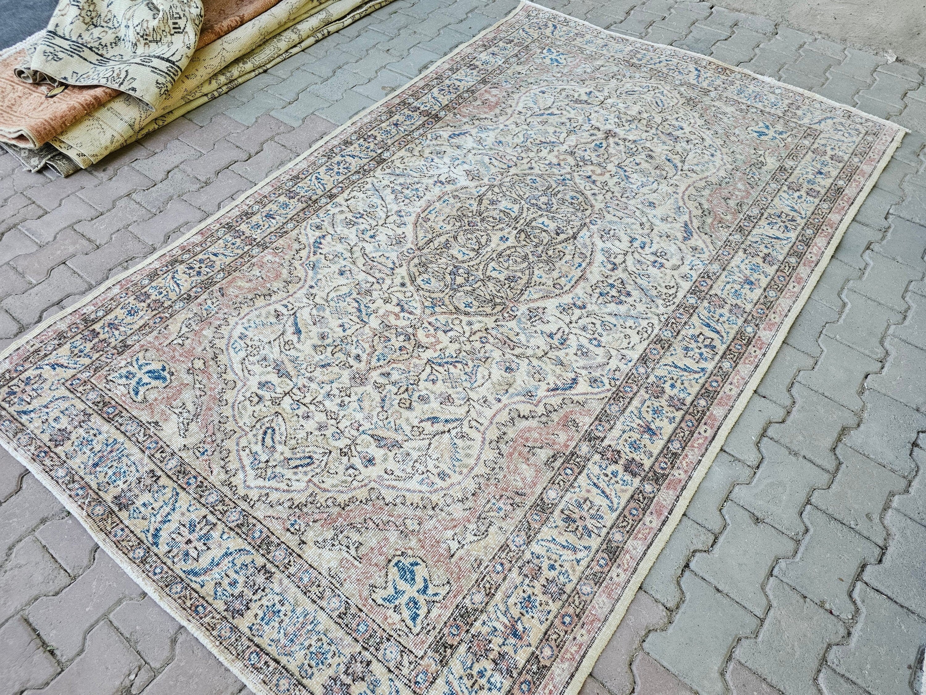 5x8 Turkish Oushak Rug: Faded Vintage Wool Area Rug