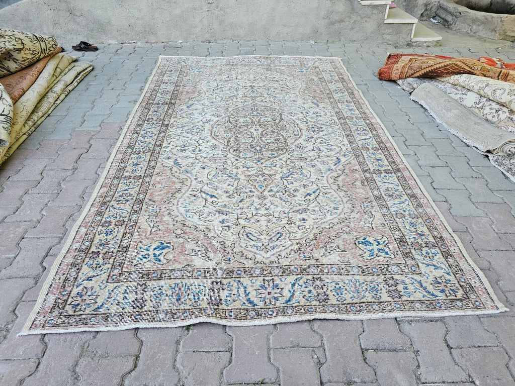 5x8 Turkish Oushak Rug: Faded Vintage Wool Area Rug