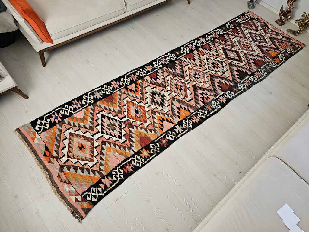 Geometric Wool Turkish Runner Rug: Vintage Oushak Design, 3x11 ft