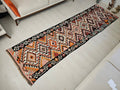 Geometric Wool Turkish Runner Rug: Vintage Oushak Design, 3x11 ft