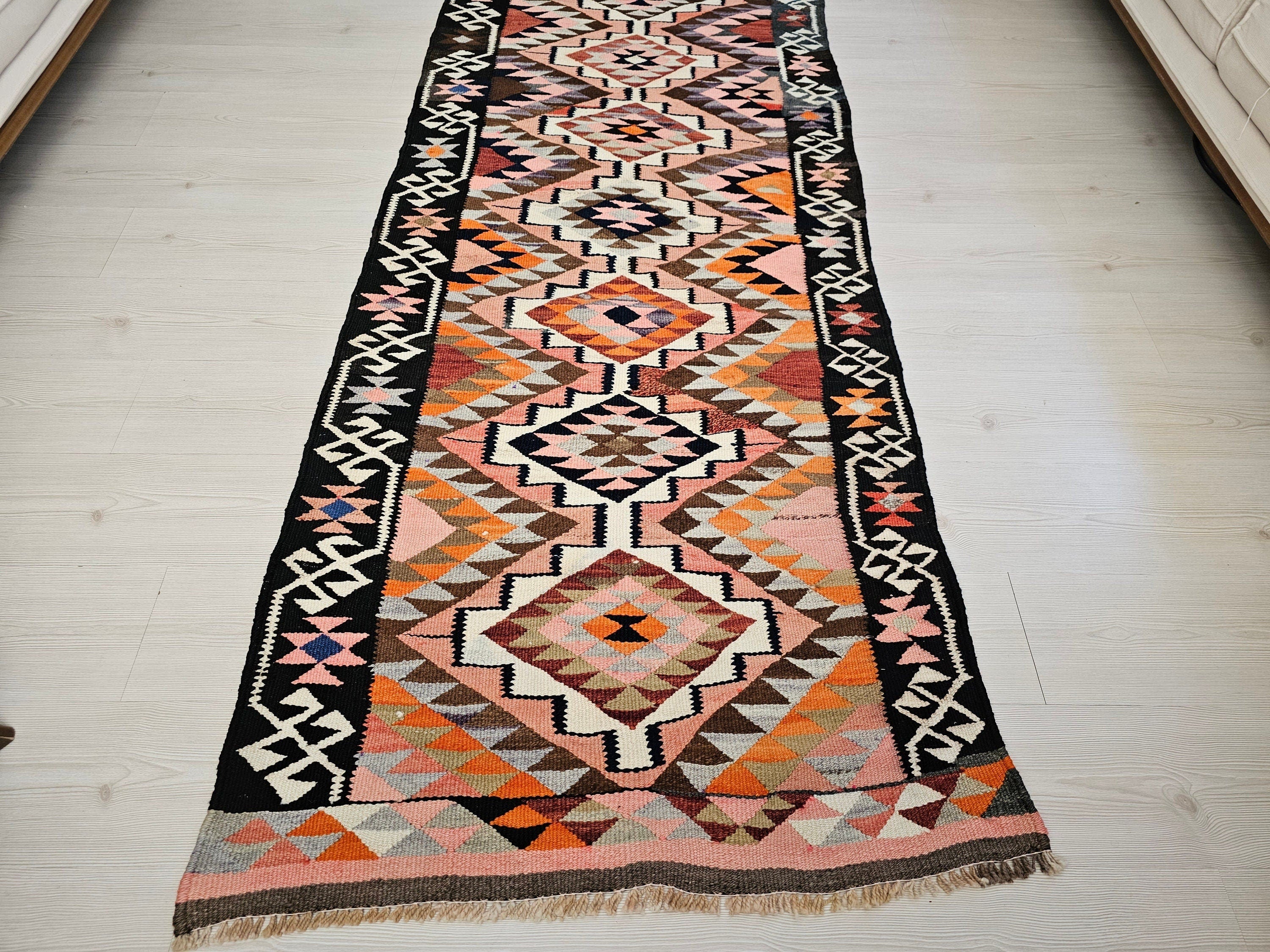 Geometric Wool Turkish Runner Rug: Vintage Oushak Design, 3x11 ft