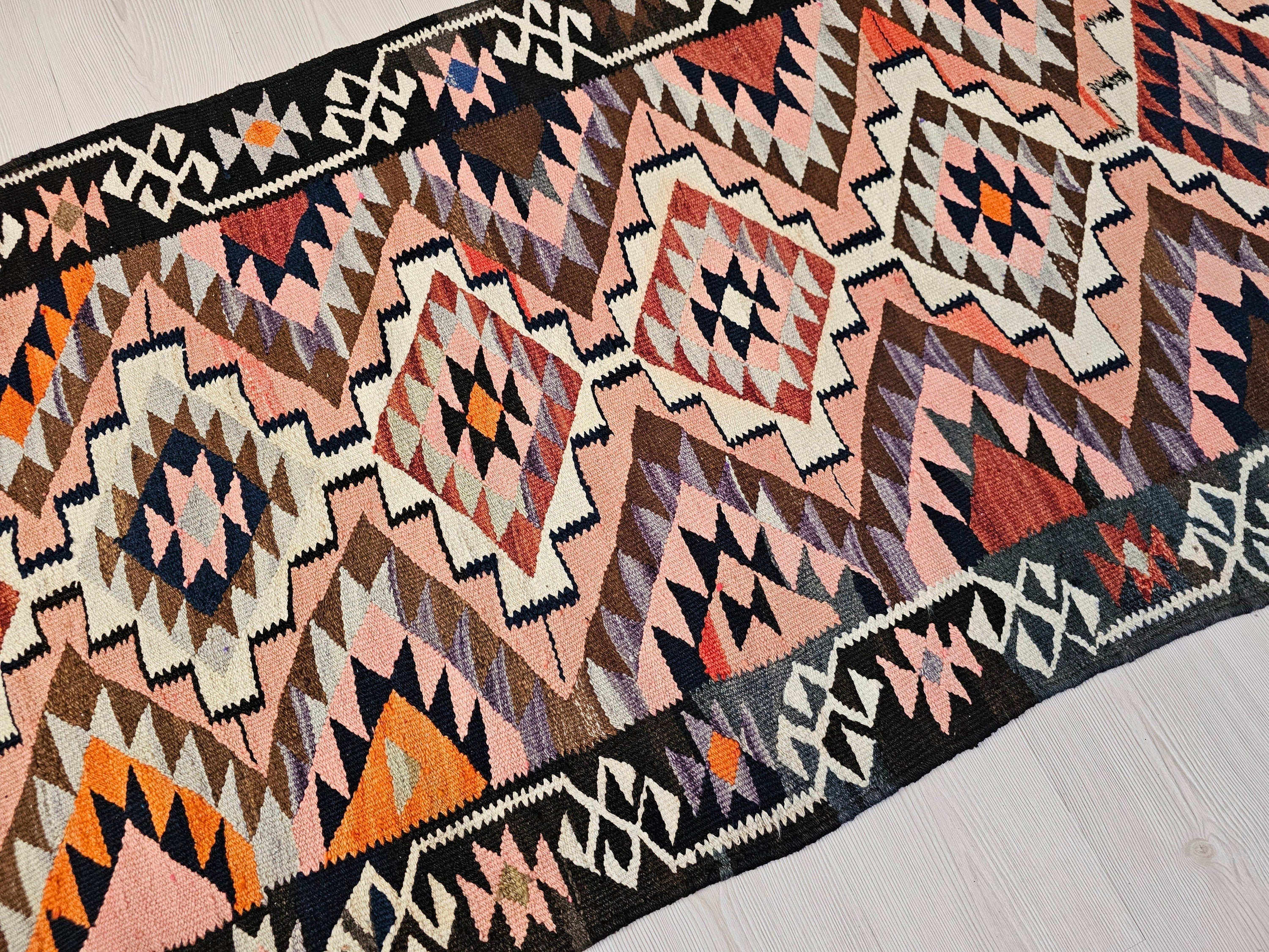 Geometric Wool Turkish Runner Rug: Vintage Oushak Design, 3x11 ft