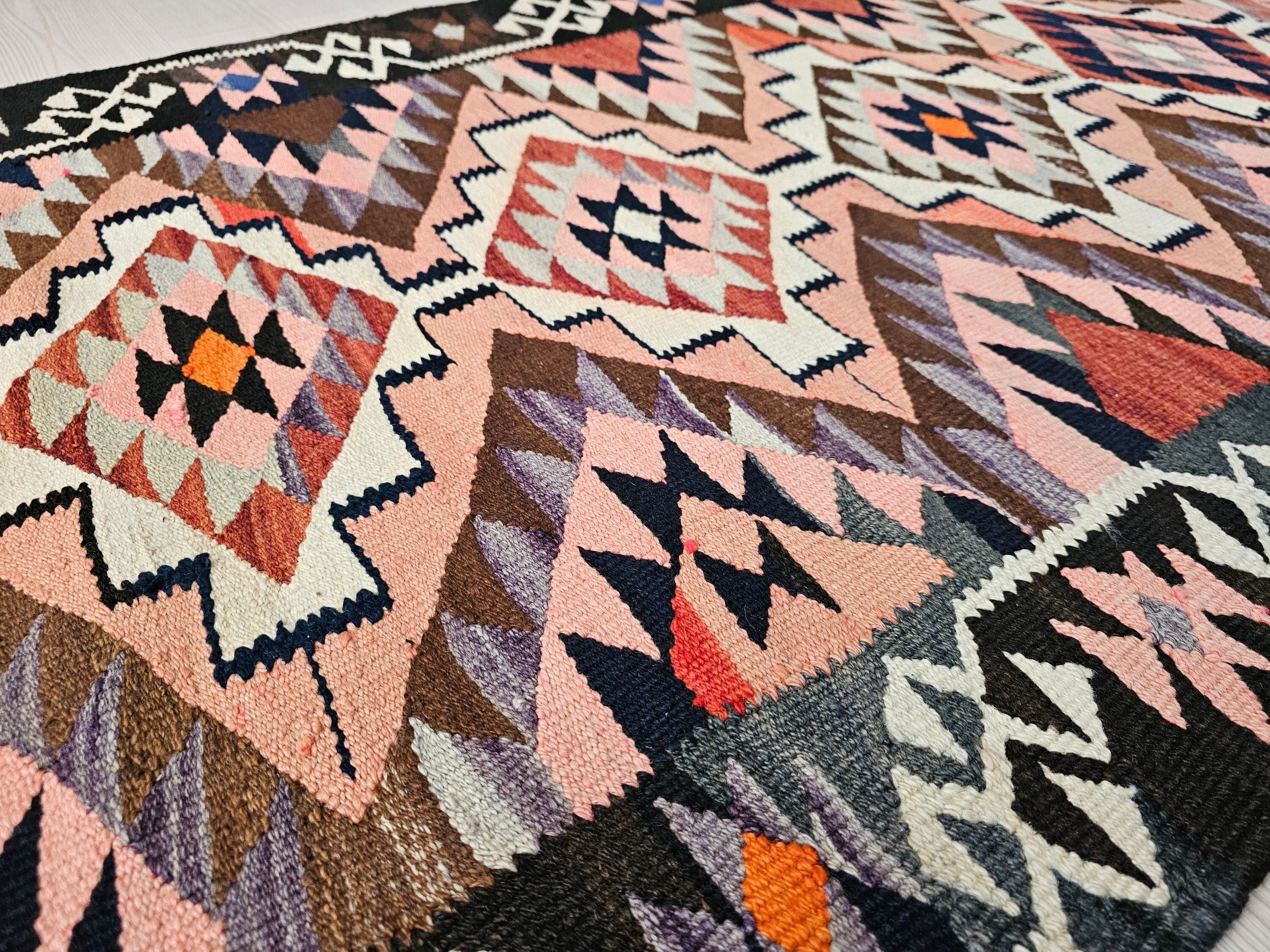 Geometric Wool Turkish Runner Rug: Vintage Oushak Design, 3x11 ft