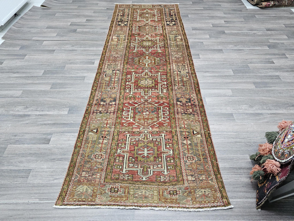 Hand Knotted Wool Heriz Runner Rug: Long Persian Hallway Carpet