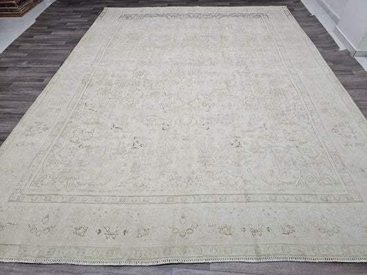 10x12 Oversize Vintage Neutral Area Rug - Faded Wool Oushak - Muted Turkish Anatolian Carpet for Elegant Home Decor