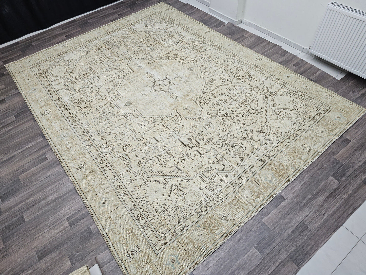 9x12 Hand Knotted Vintage Area Rug with Muted Geometric Oushak Design, Faded Turkish Rug in Beige, Brown, and Tan Hues,  Living Room Carpet