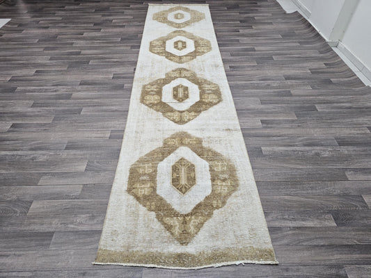 Vintage Hand Knotted 3x13 Rug, Neutral Beige Tones, Long Runner Rug for Hallway, Unique Muted Beige Decor, Traditional Style, One-of-a-Kind