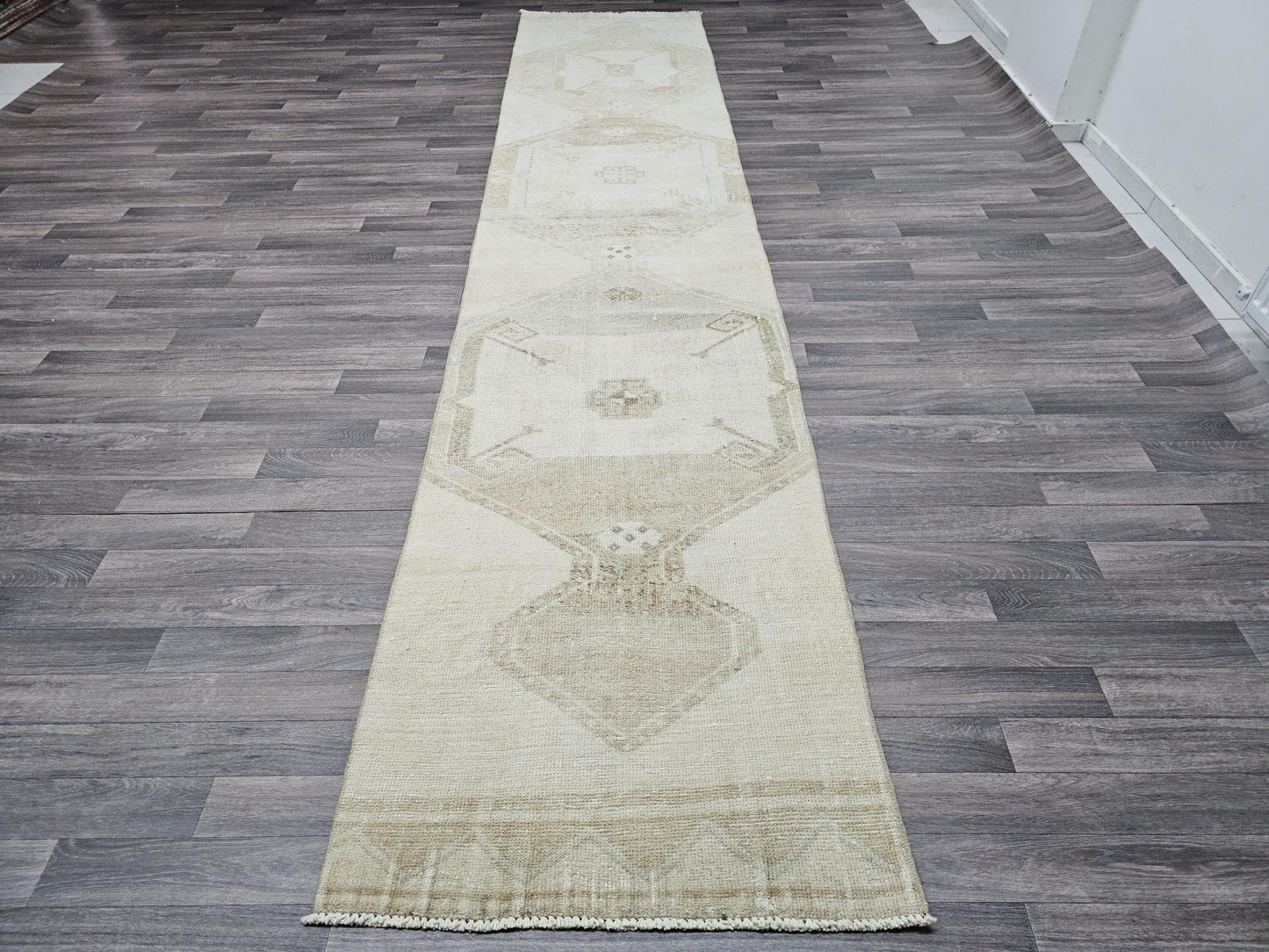 3x14 Vintage Turkish Oushak Runner, Hand Knotted Neutral Wool, Elegant Long Hallway Rug, Unique Traditional Design, Beige Muted Tones