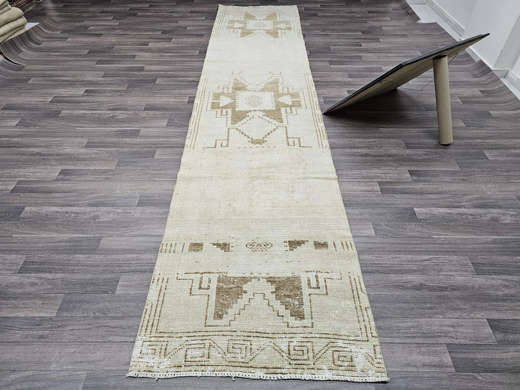 Hand-Knotted Wool Runner Rug: Neutral Anatolian Vintage Turkish Rug (3x13 ft)