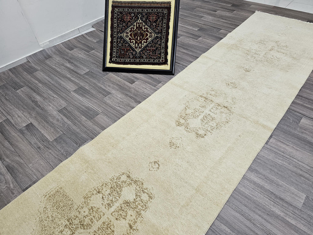 Neutral Turkish Runner Rug: 3x12.5 ft Vintage Oushak Wool Hallway Rug