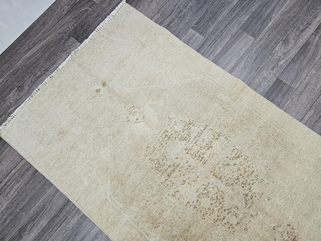 Neutral Turkish Runner Rug: 3x12.5 ft Vintage Oushak Wool Hallway Rug