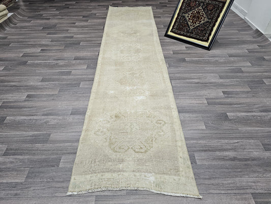 3x12 Narrow Neutral Runner Rug - Hand Knotted Wool Runner - Runner for Side of Bed - Master Bathroom Runner - Boho Runner /2.85x11.60 feet