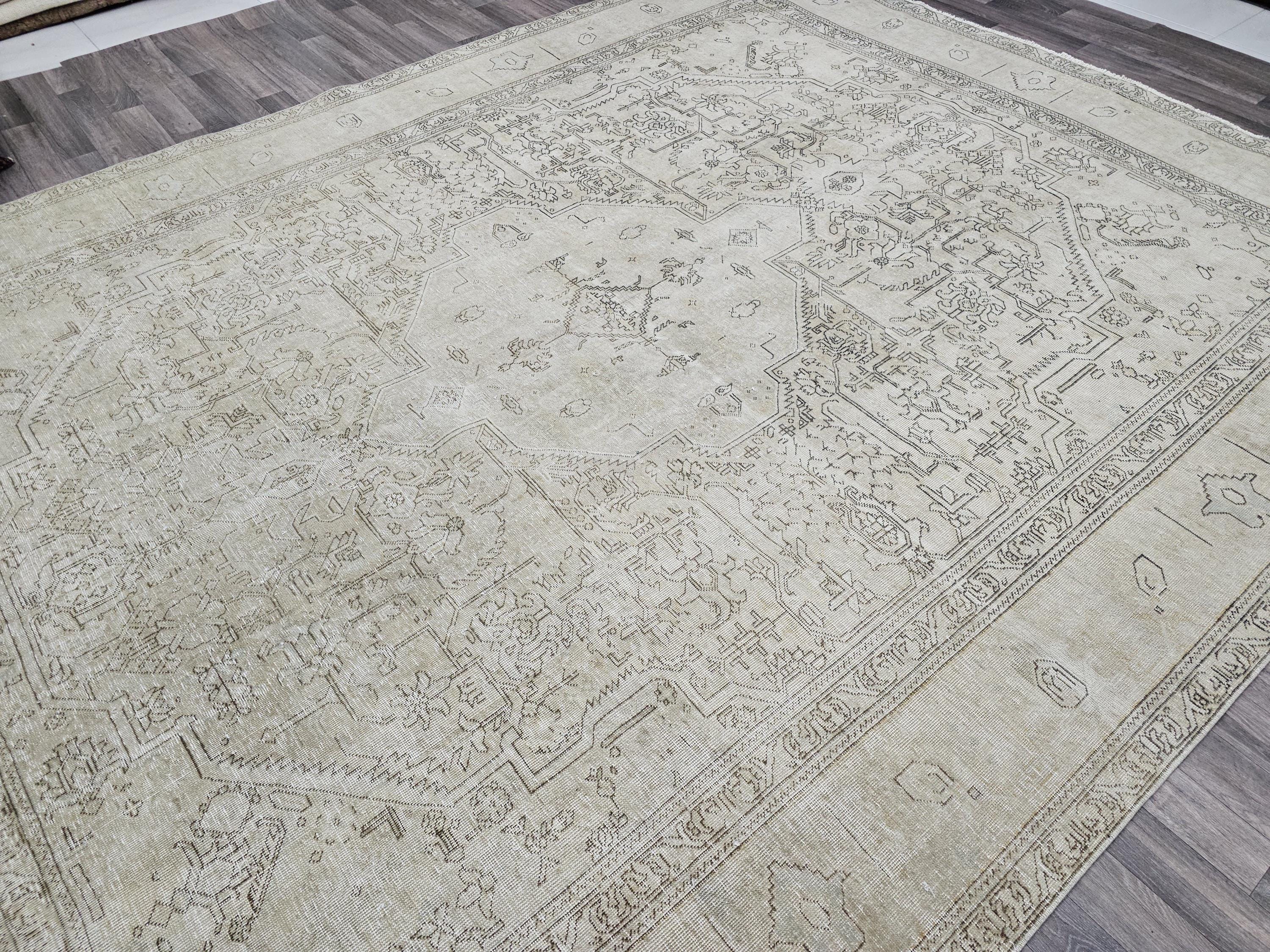Vintage Hand Knotted Wool Heriz Rug: 10x12 Neutral Oriental Carpet