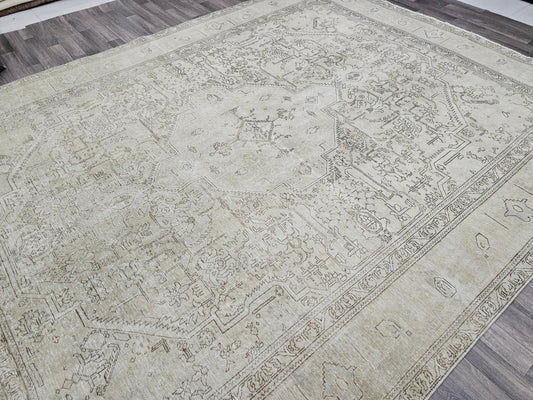 10x12 Vintage Hand Knotted Neutral Heriz Area Rug for Livingroom - Authentic Wool Carpet for Bedroom - Oriental Geometric Design Rug