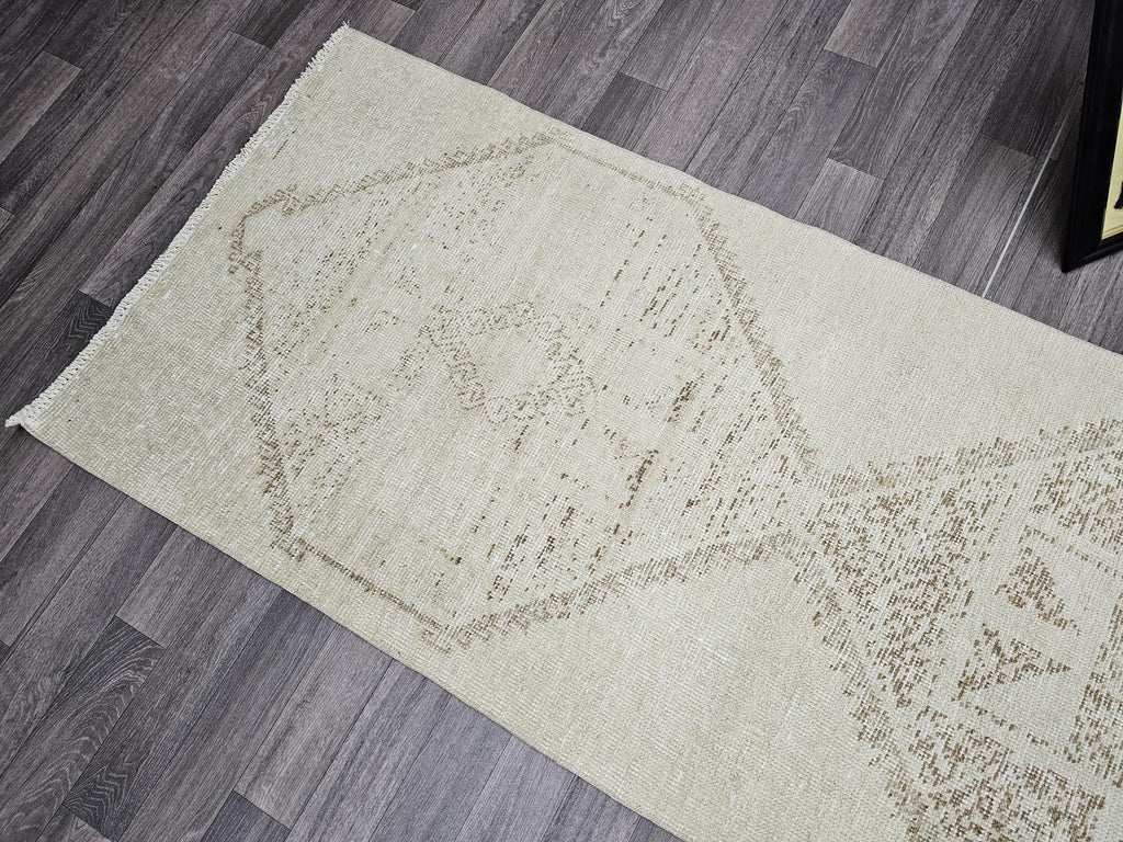 Vintage Oushak Runner Rug: 3x12.25 ft, Neutral Turkish Wool Rug