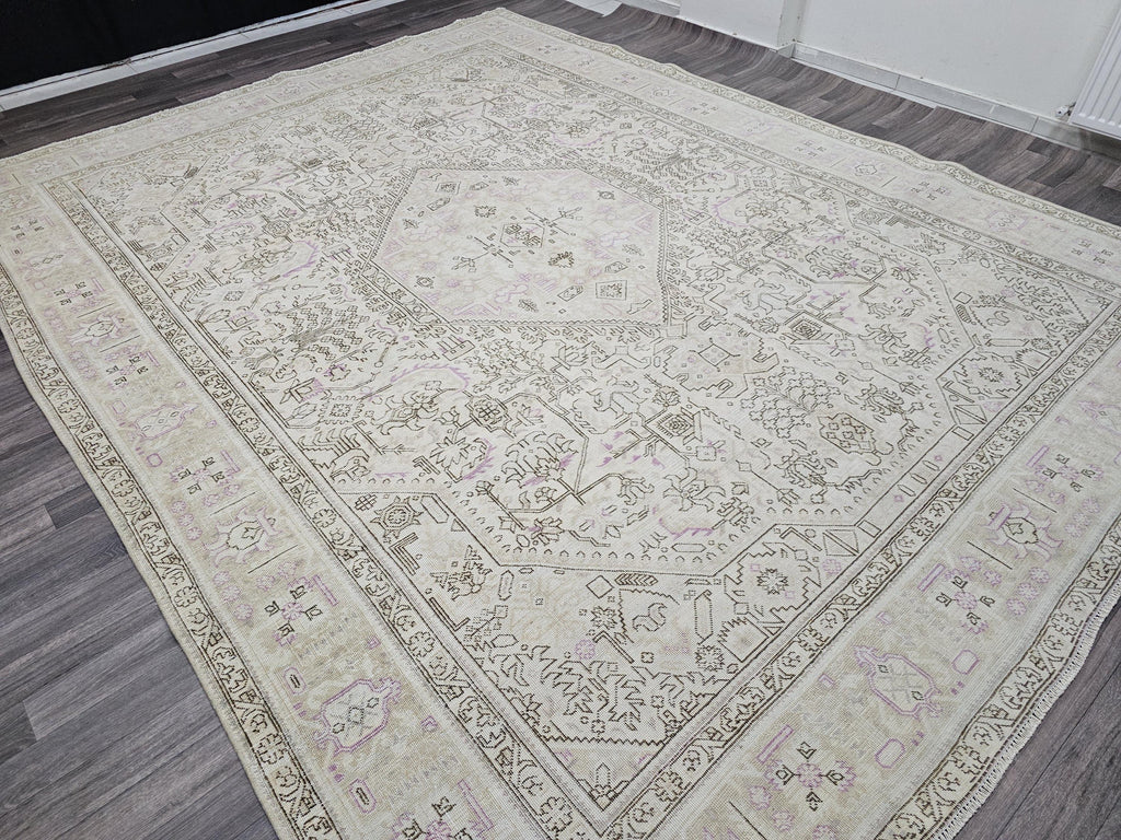 Faded Oushak Wool Area Rug: 9x12 Light Pink Beige Turkish Rug