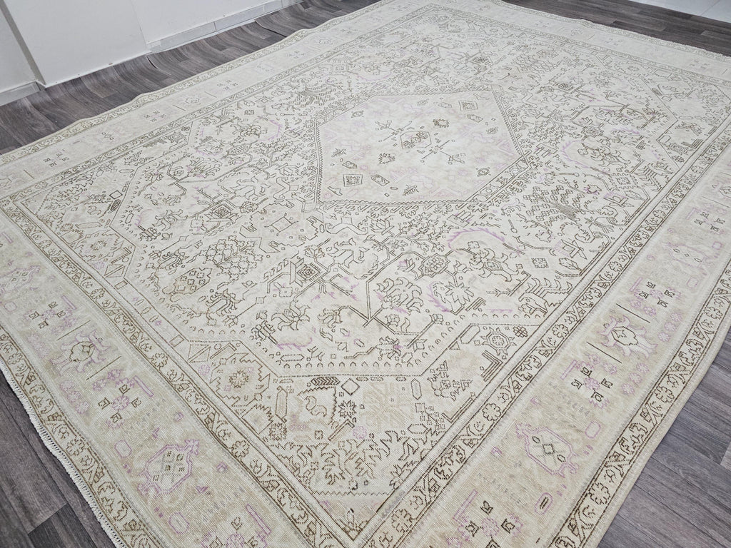 Faded Oushak Wool Area Rug: 9x12 Light Pink Beige Turkish Rug