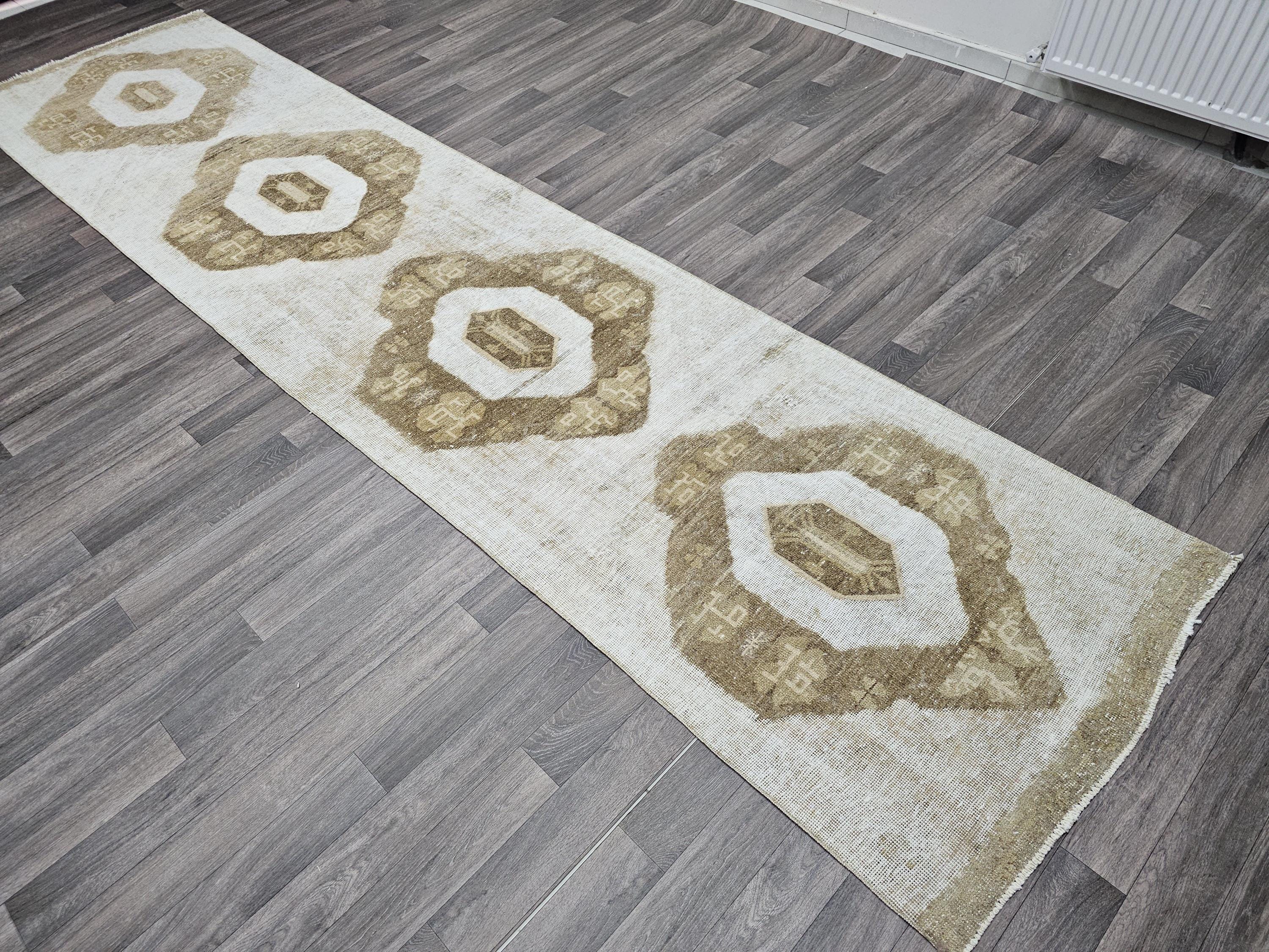 Oushak Runner 3x13 feet - Vintage Neutral Turkish Runner Rug for Kitchen and Hallway