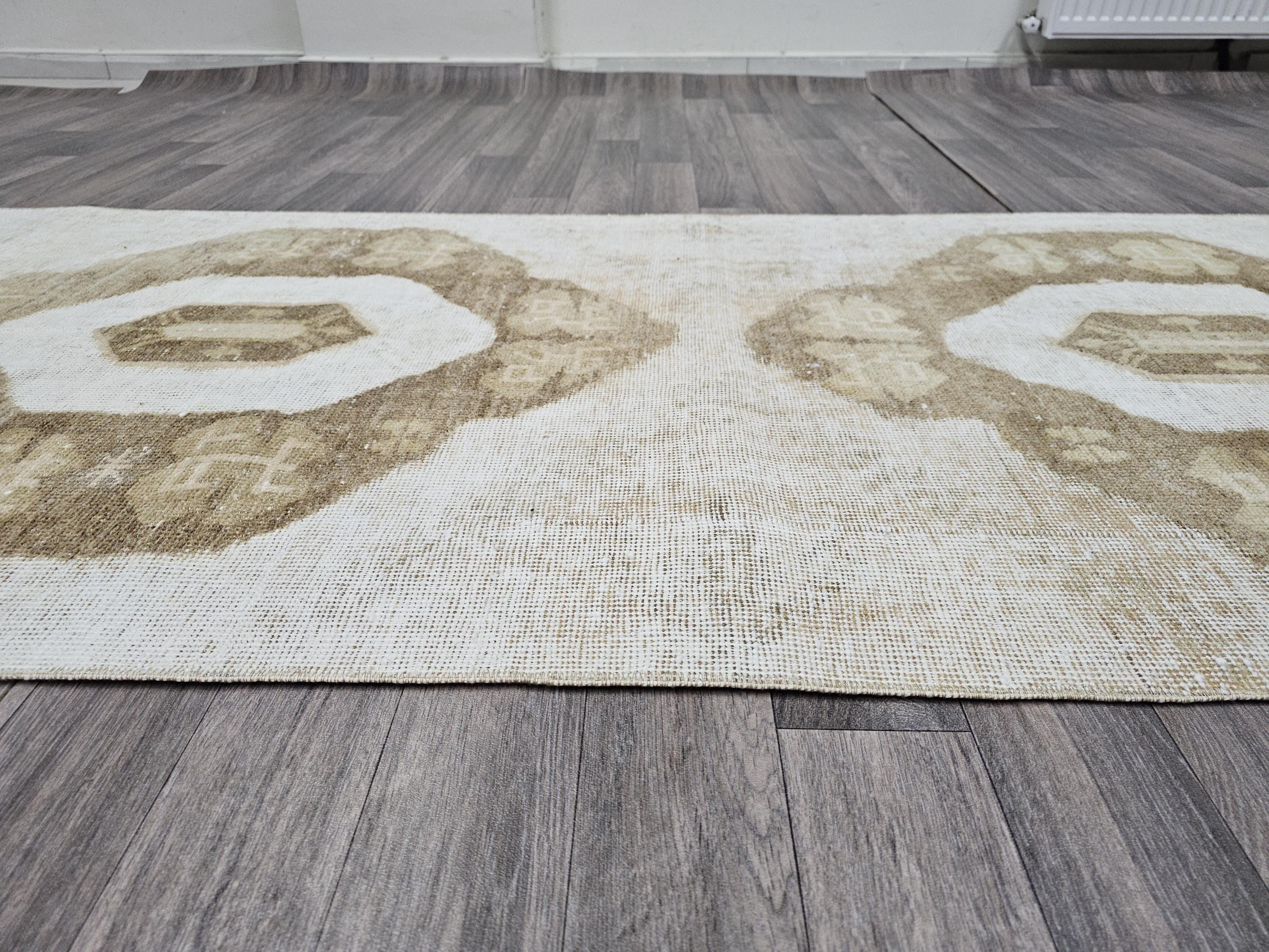 Oushak Runner 3x13 feet - Vintage Neutral Turkish Runner Rug for Kitchen and Hallway