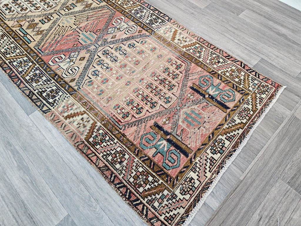 Wide Turkish Wool Runner Rug: Hand Woven Vintage Hallway Rug (3.14x10.35 ft)