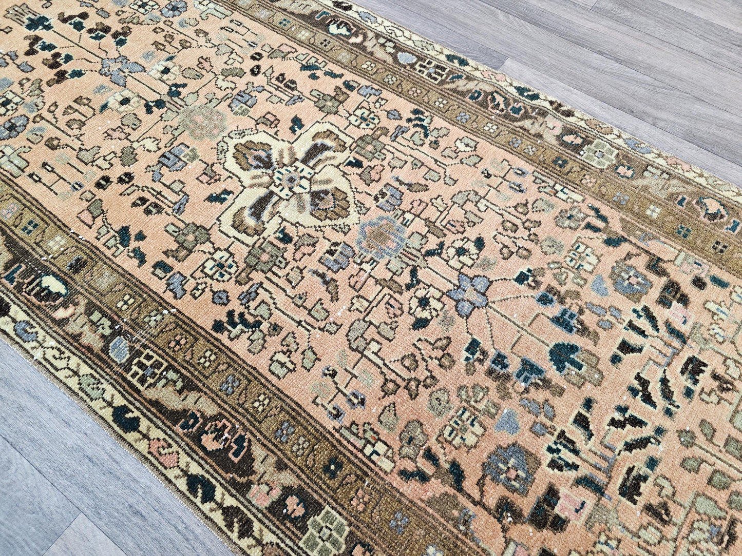 Persian Vintage Runner / 2.55x10.40 feet / Hand Knotted Wool Runner for Hallway and Aisle/ Traditional Rug Runner Pink Brown Floral