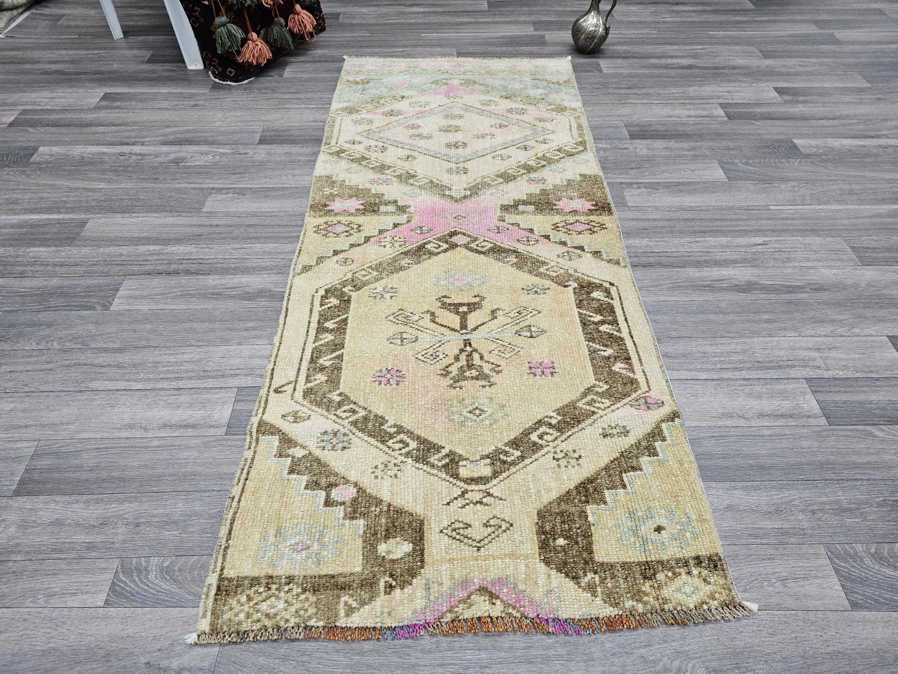 Hand Knotted Turkish Wool Runner Rug: Muted Neutral Colors, 2x6 ft