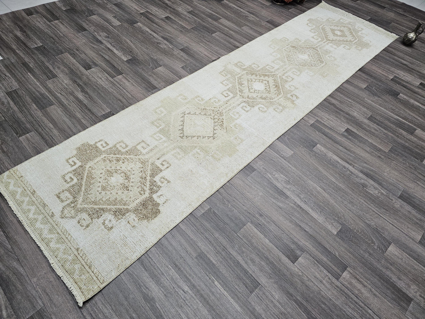 Vintage Runner 3x12 - Hand Knotted Wool Runner Rug - Neutral Oushak Runner For Hallway and Kitchen - Cream Beige Brown Runner - Faded Runner