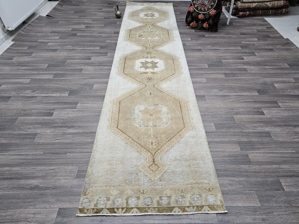 Extra Long Oushak Runner Rug: 3x14 Vintage Turkish Hallway Rug