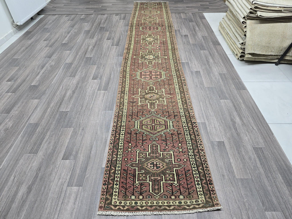 Hand Knotted Wool Heriz Runner Rug: 2.5x14 Long Persian Hallway Carpet