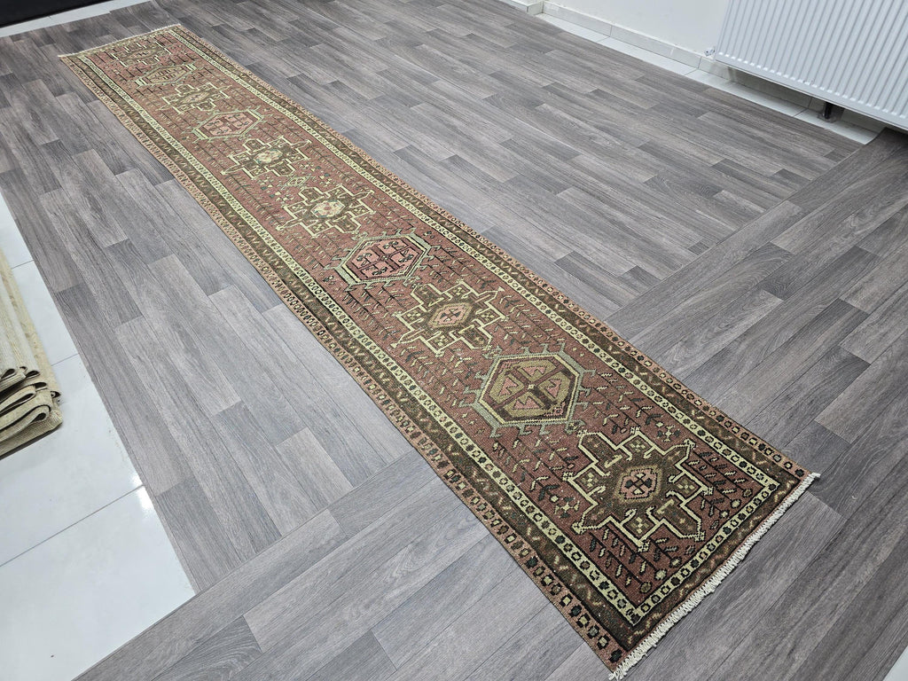 Hand Knotted Wool Heriz Runner Rug: 2.5x14 Long Persian Hallway Carpet