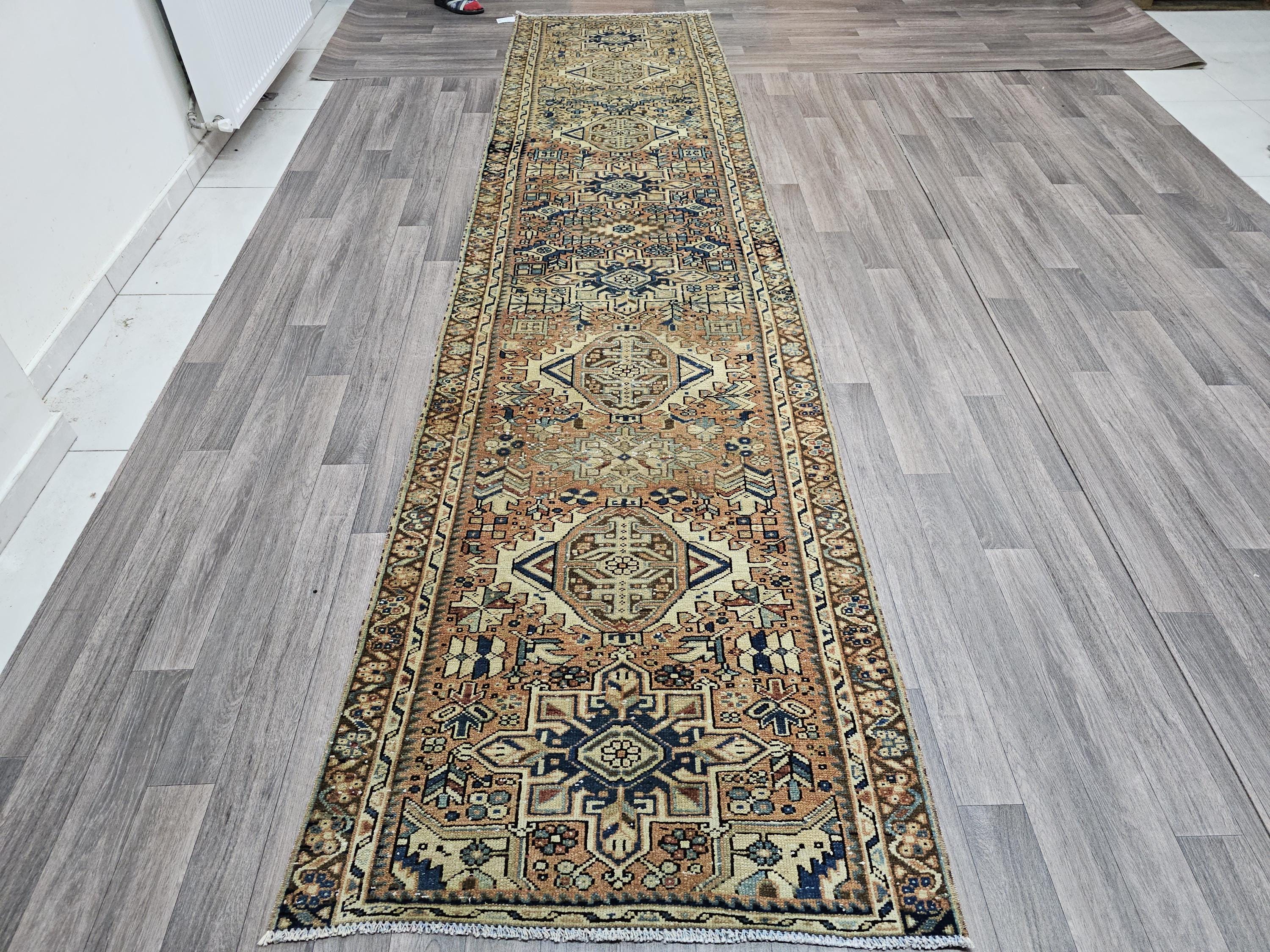 Hand Knotted Wool Runner Rug: 3x12 ft Vintage Persian Design