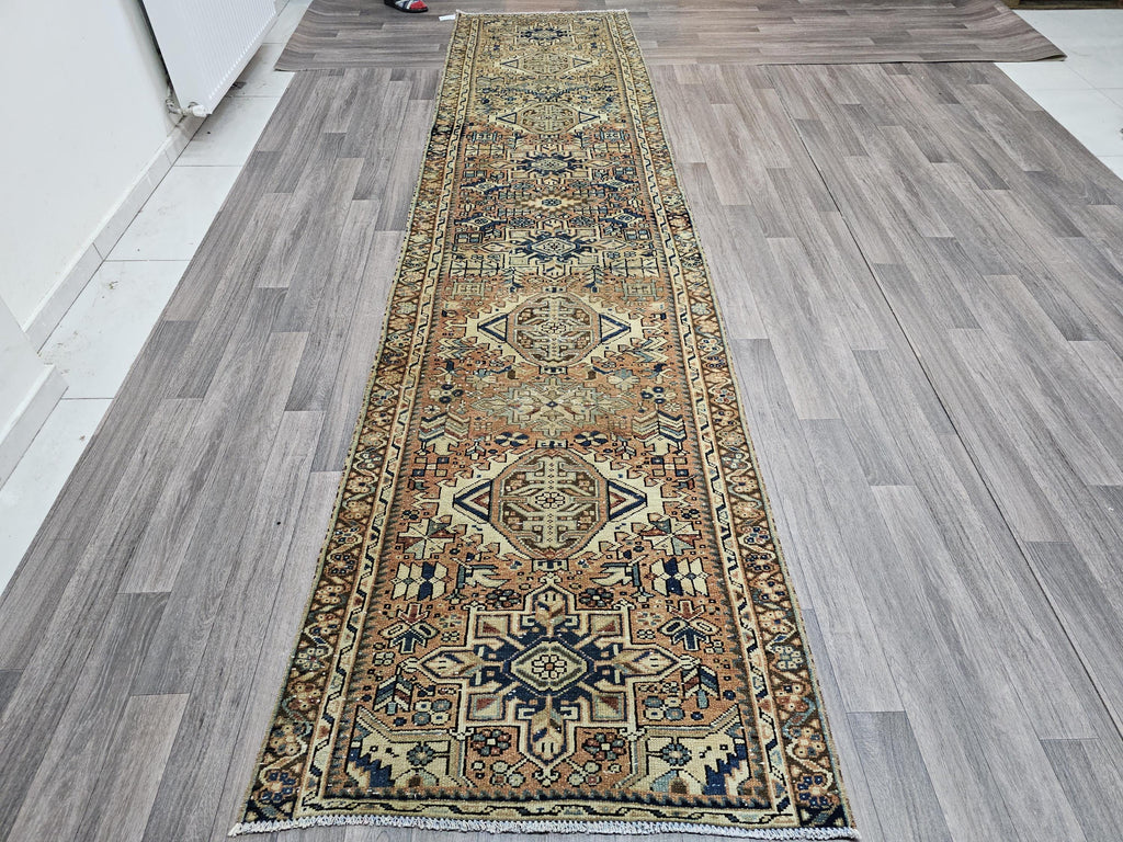 Hand Knotted Wool Runner Rug: 3x12 ft Vintage Persian Design