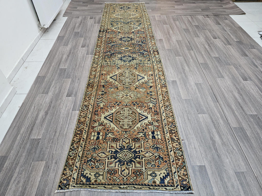 Hand Knotted Wool Runner Rug: 3x12 ft Vintage Persian Design