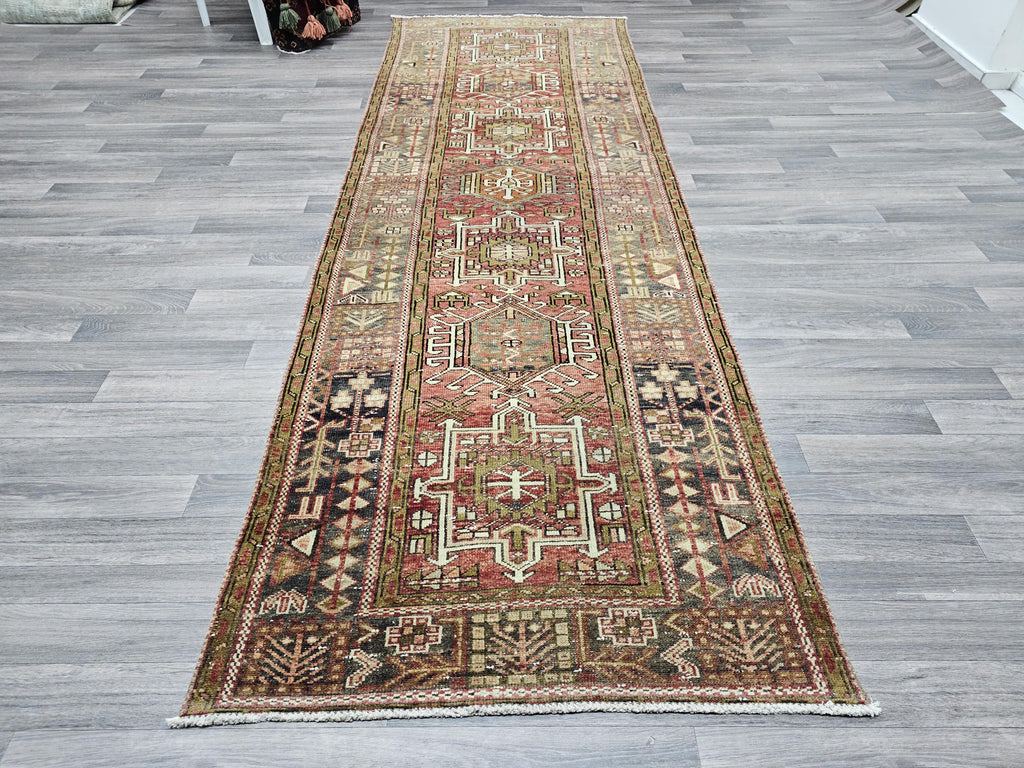 Hand Knotted Wool Heriz Runner Rug: Long Persian Hallway Carpet