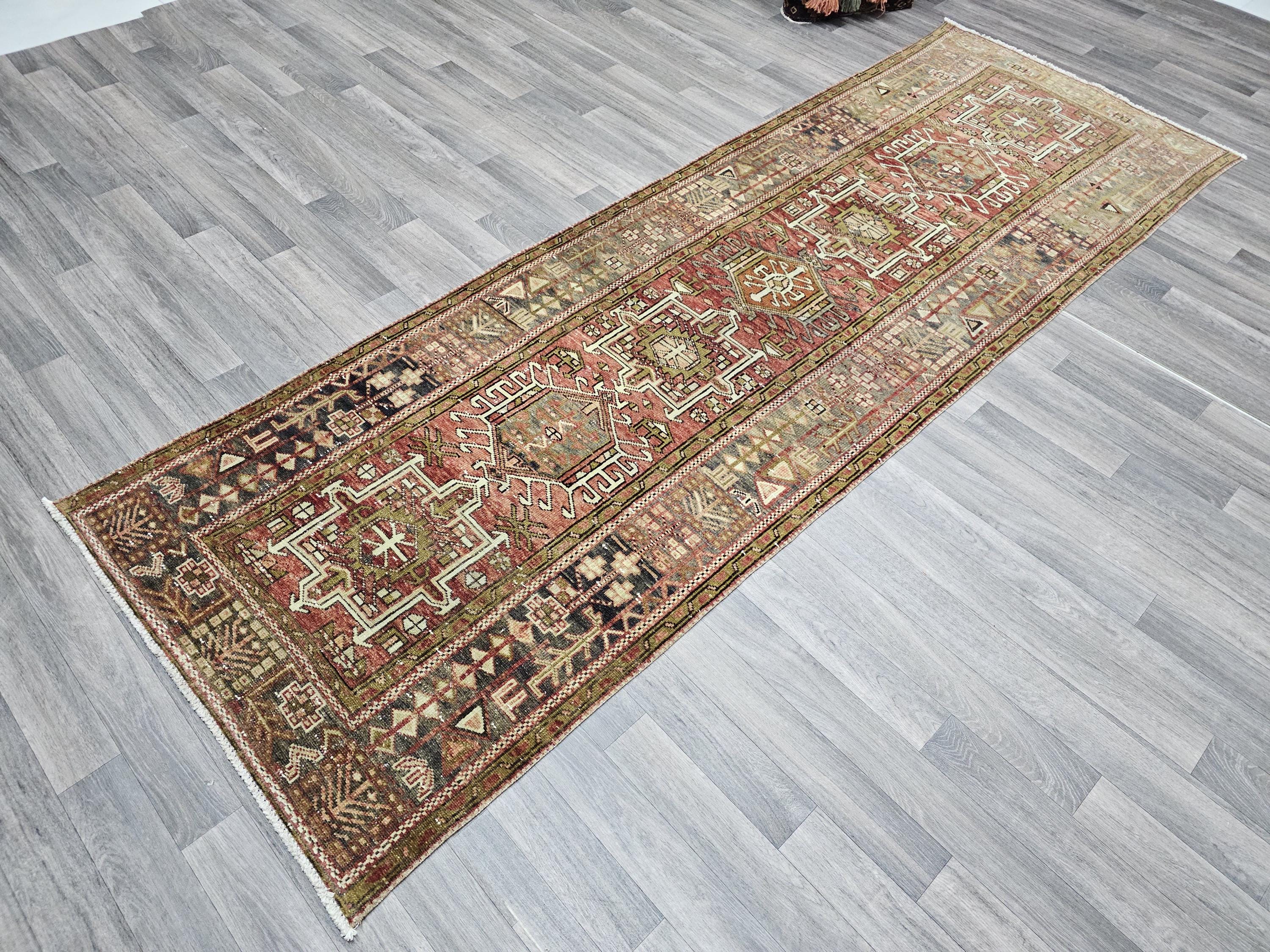 Hand Knotted Wool Heriz Runner Rug: Long Persian Hallway Carpet