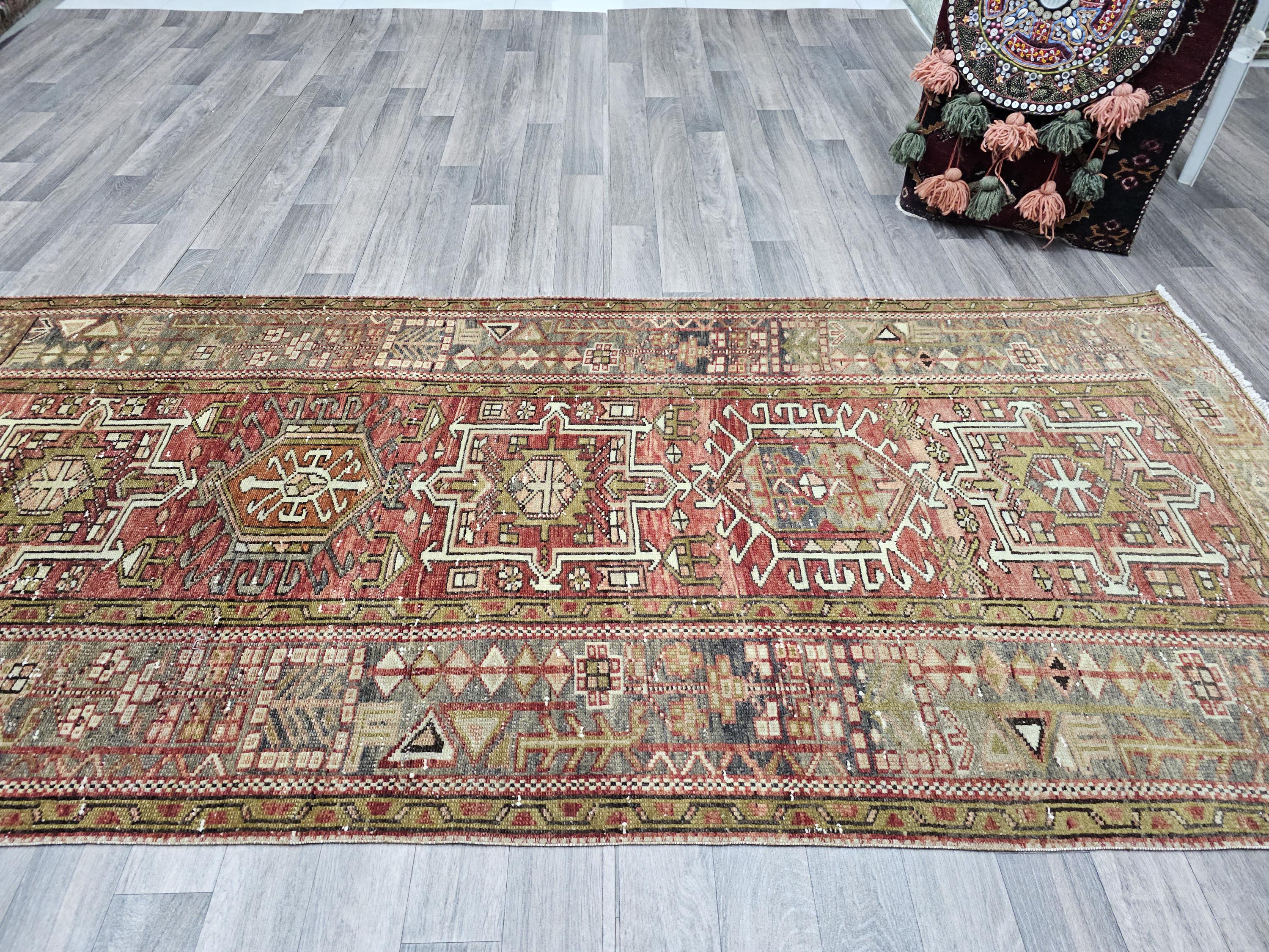 Hand Knotted Wool Heriz Runner Rug: Long Persian Hallway Carpet