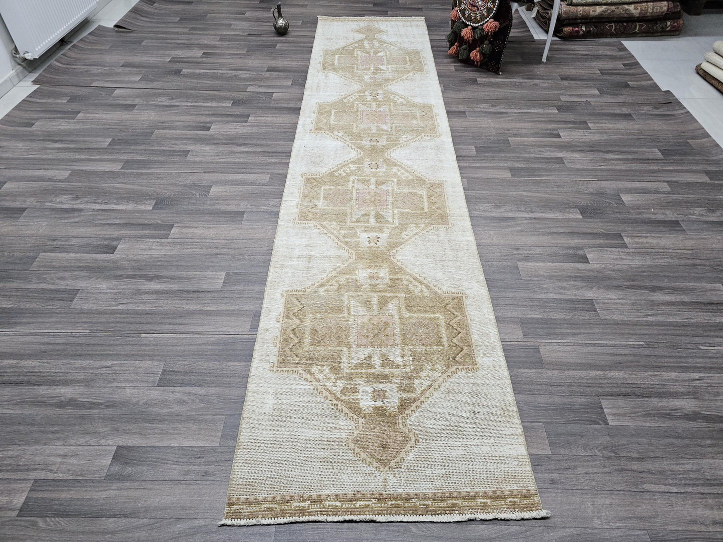 3x13 Neutral Vintage Turkish Oushak Runner for Hallway, Entry and Kitcen Muted Beige Brown geometric design