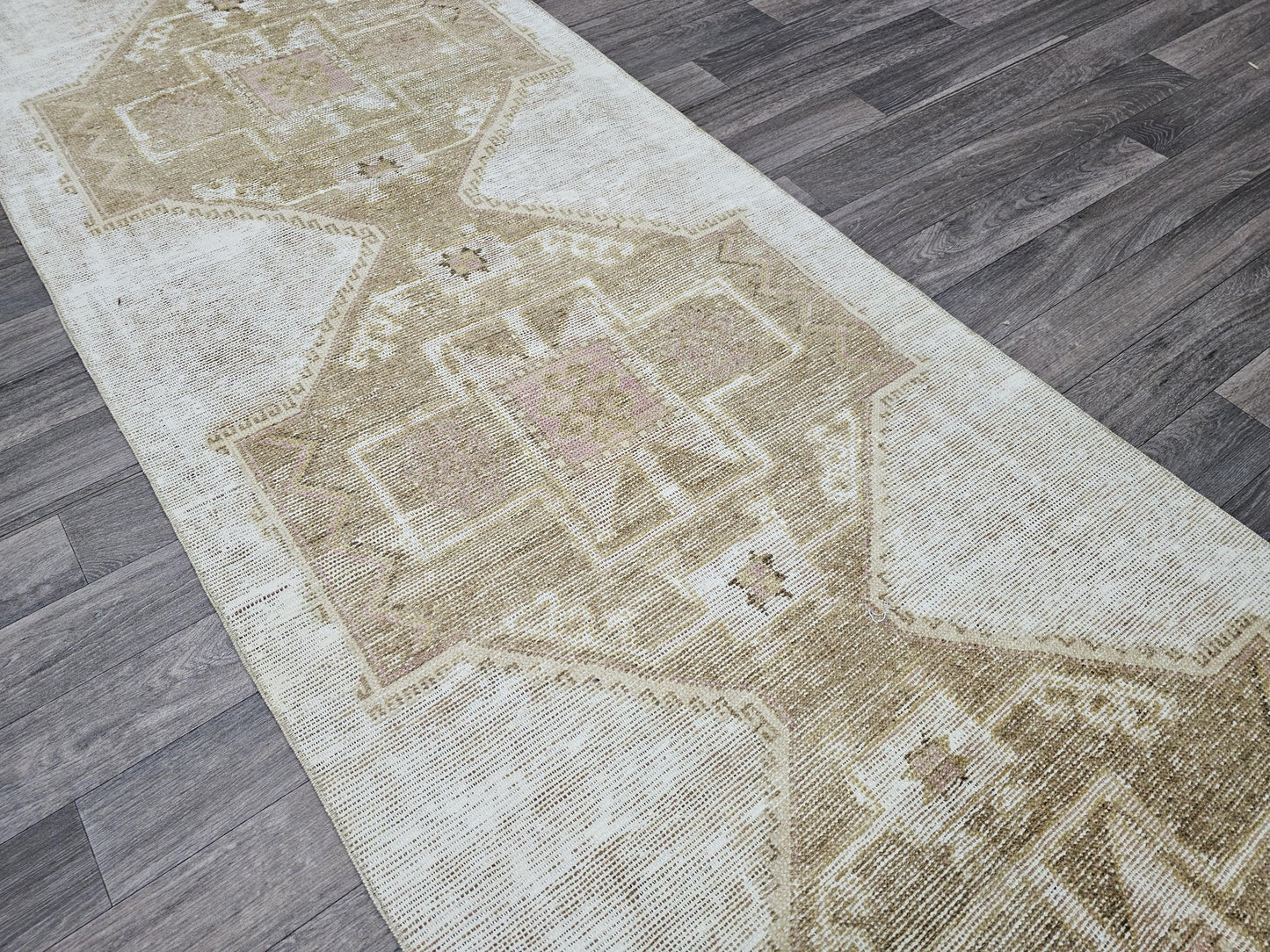 3x13 Neutral Vintage Turkish Oushak Runner for Hallway, Entry and Kitcen Muted Beige Brown geometric design