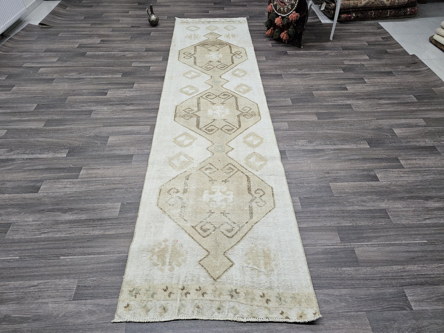 3x11 Hand Knotted Neutral Turkish Rug Runner for Kitchen and Aisle Cream beige brown geometric design //2.80x11.20 feet