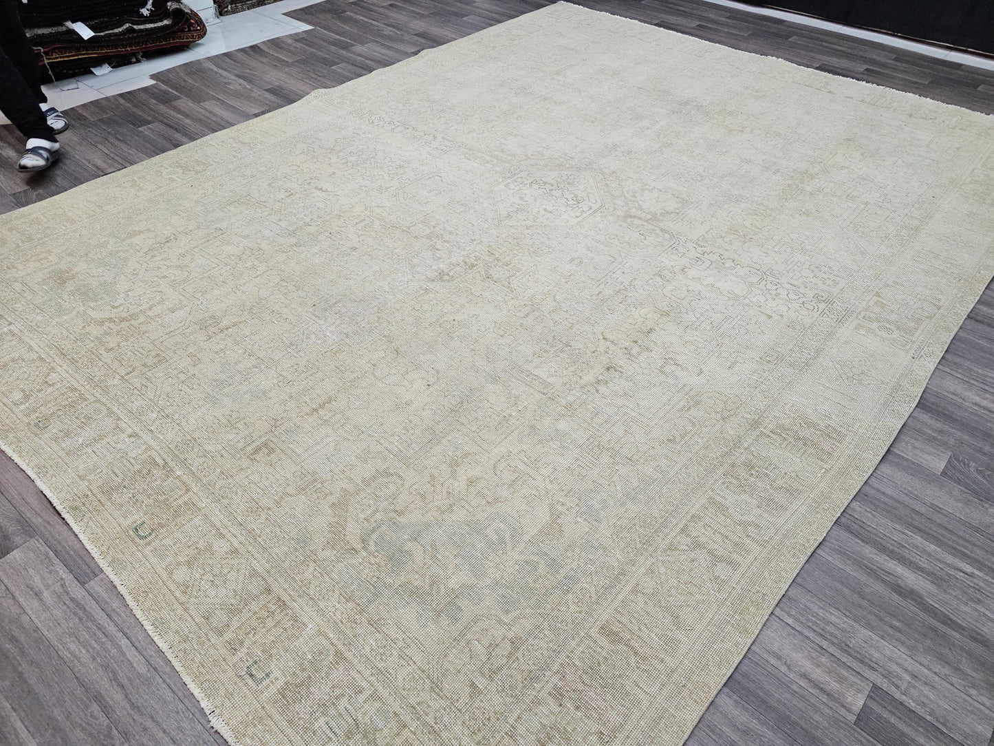 10x12 Oversize Neutral Vintage Heriz Area Rug Beige/Cream Brown Geometric