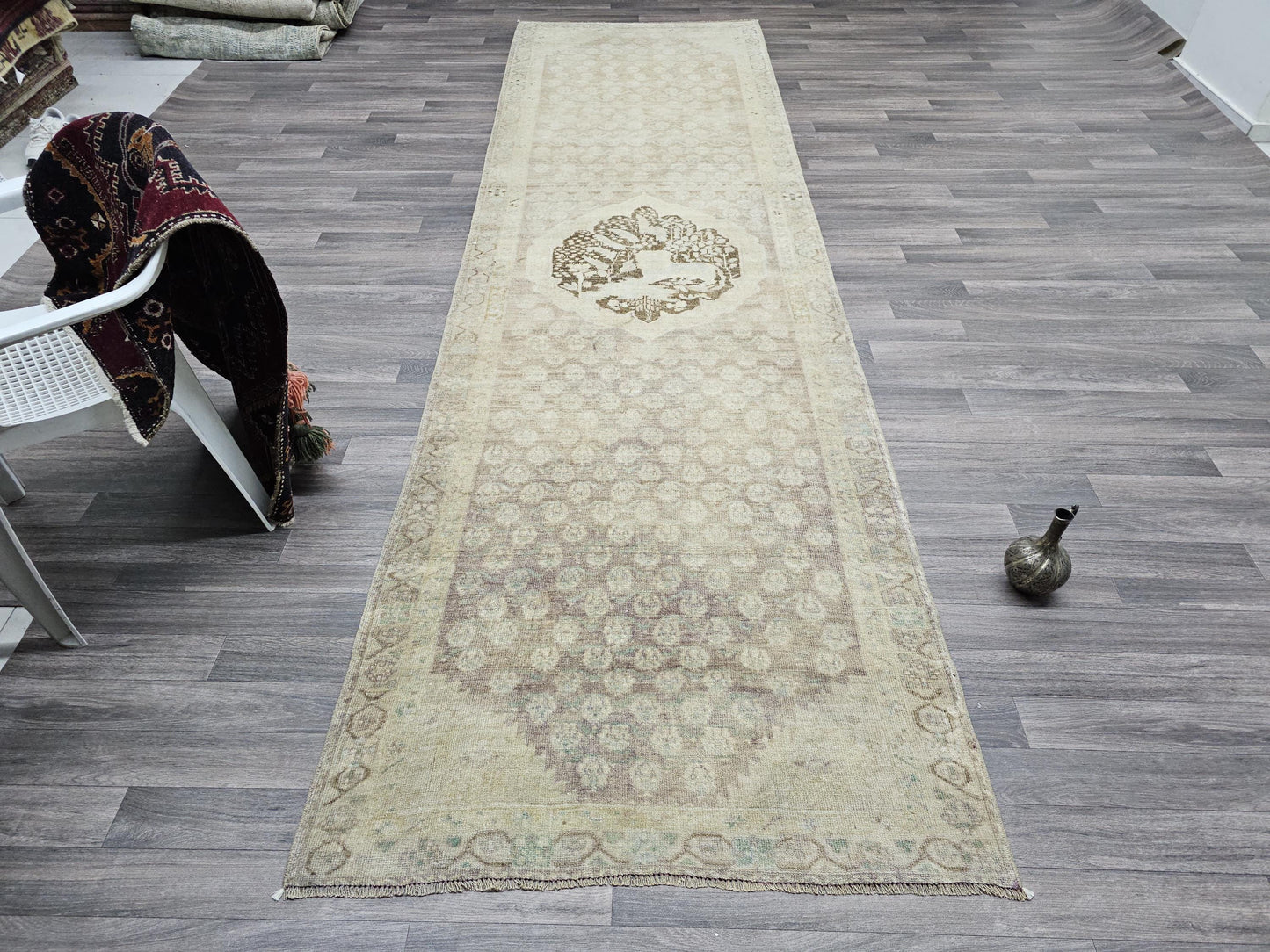 4x13 Wide and Long Neutral Vintage Turkish Runner for Hallway and Kitchen Hand knotted Muted Wool Oushak Runner