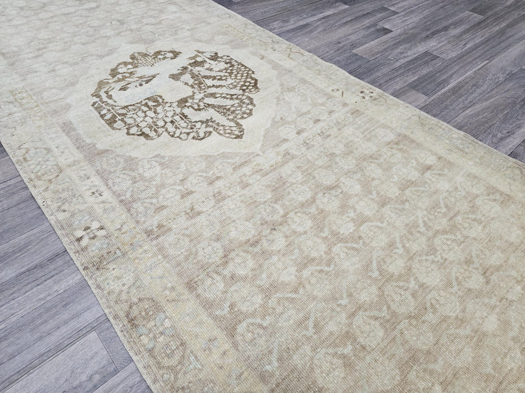 Hand Knotted Wool Oushak Runner: 4x13 Neutral Turkish Vintage Rug