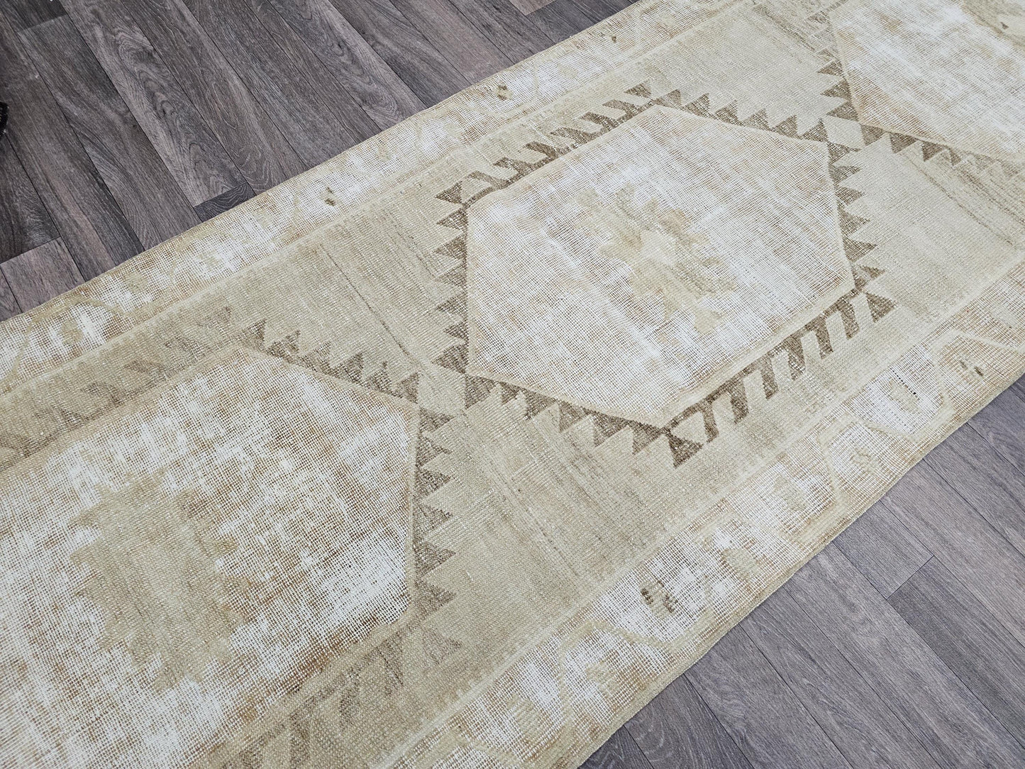 3x10 Neutral Bohemian Turkish Runner Rug/ Hand Knotted Vintage Wool Runner/ Distressed Oushak Runner for Hallway and Kitchen/ 3.30x10.4 feet