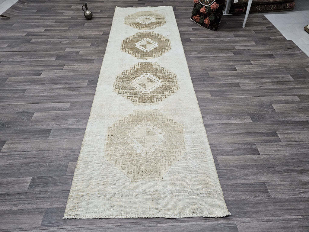 Vintage Hand-Knotted Wool Runner Rug: 3x10.5 ft Beige Brown Oriental